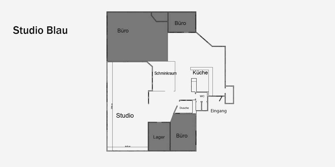 Raumplan vom Studio Blau mit Büros, Küche, Schminkraum, Studio, Lager Dusche und WC.