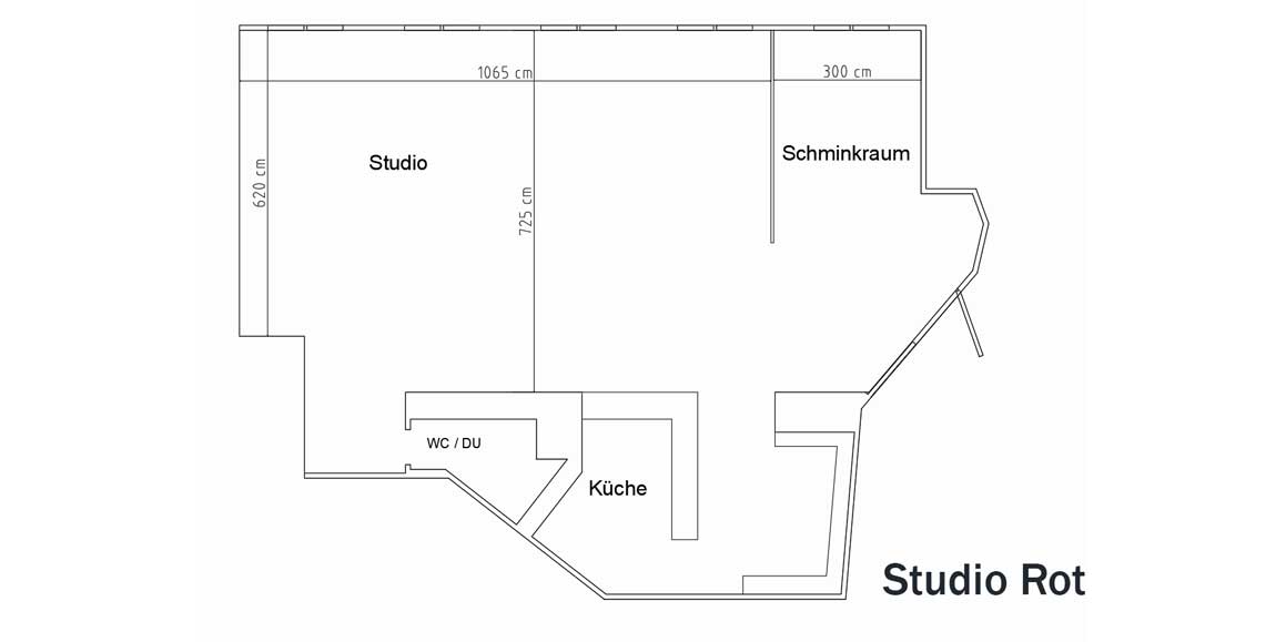 Raumplan vom Studio Rot mit Studio, Schminkraum, Küche, WC und Dusche.